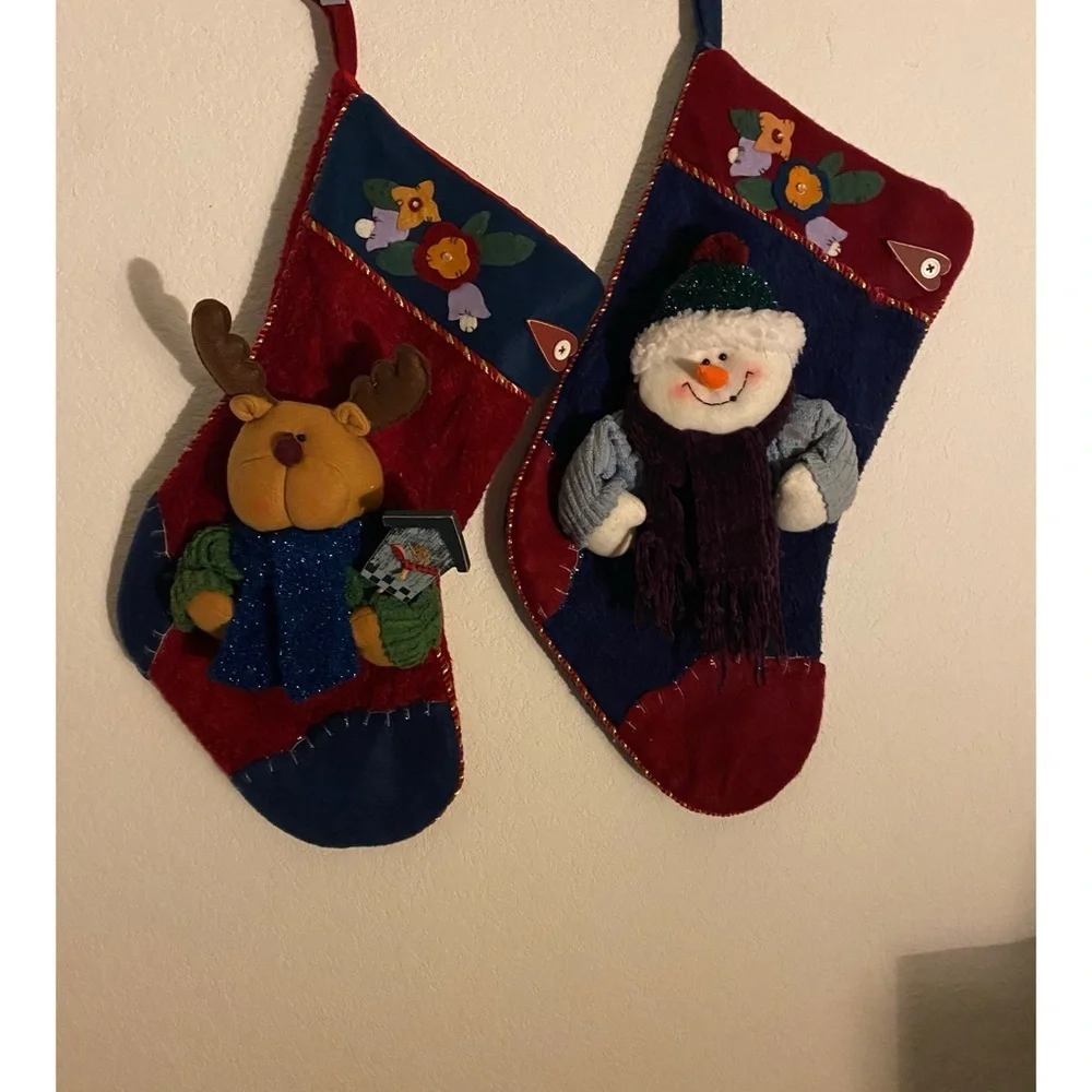 2 Christmas Plush 3D Patchwork Holiday Stockings Snowman and Reindeer 18”x 10”